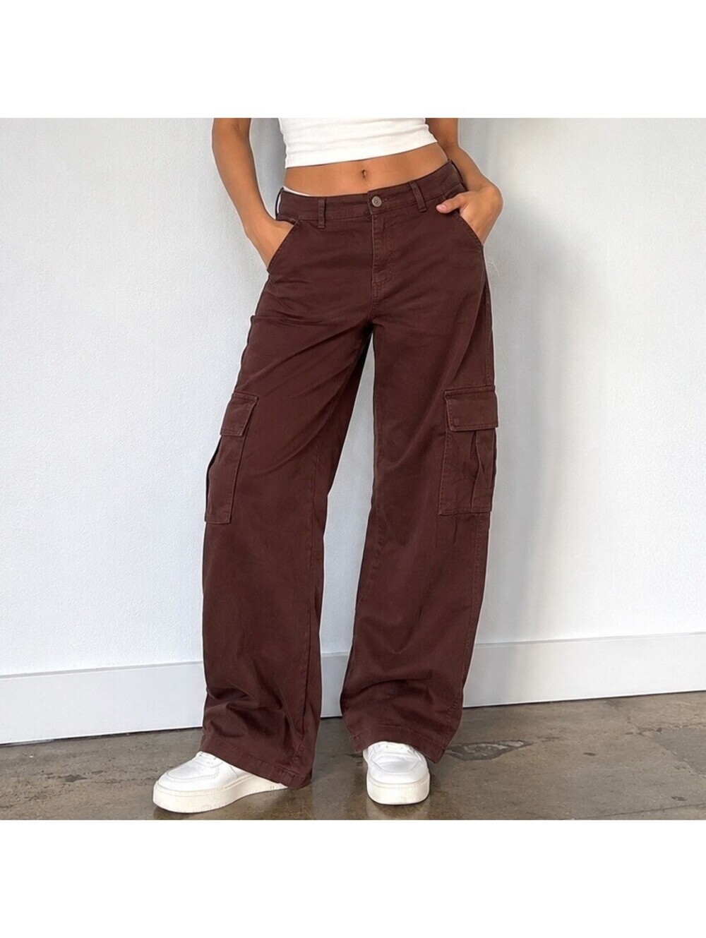 Forever 21 Brown Cargo Pants Women M Wide Leg Utility Y2K Grunge Cotton Stretch